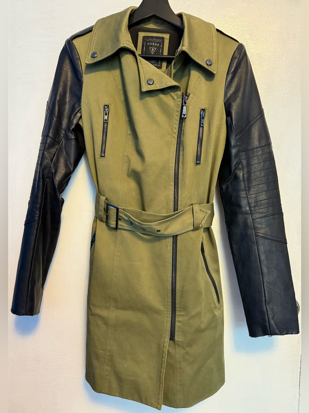 Guess Asymmetrical Army Green & Faux Leather Belted Coat